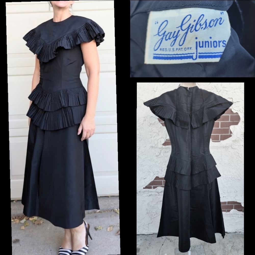 1940s junior women GAY GIBSON black taffeta dress vintage pleated midi